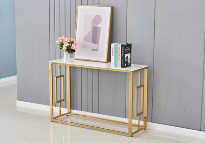 Console de salon marbre blanc et métal doré | Zelix