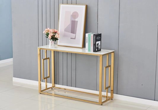 Console de salon marbre blanc et métal doré | Zelix