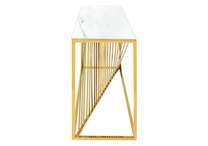 Console acier doré et verre effet marbre blanc | Cael