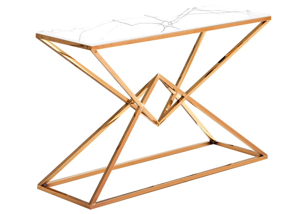 Console métal doré et verre effet marbre blanc | Kaelo