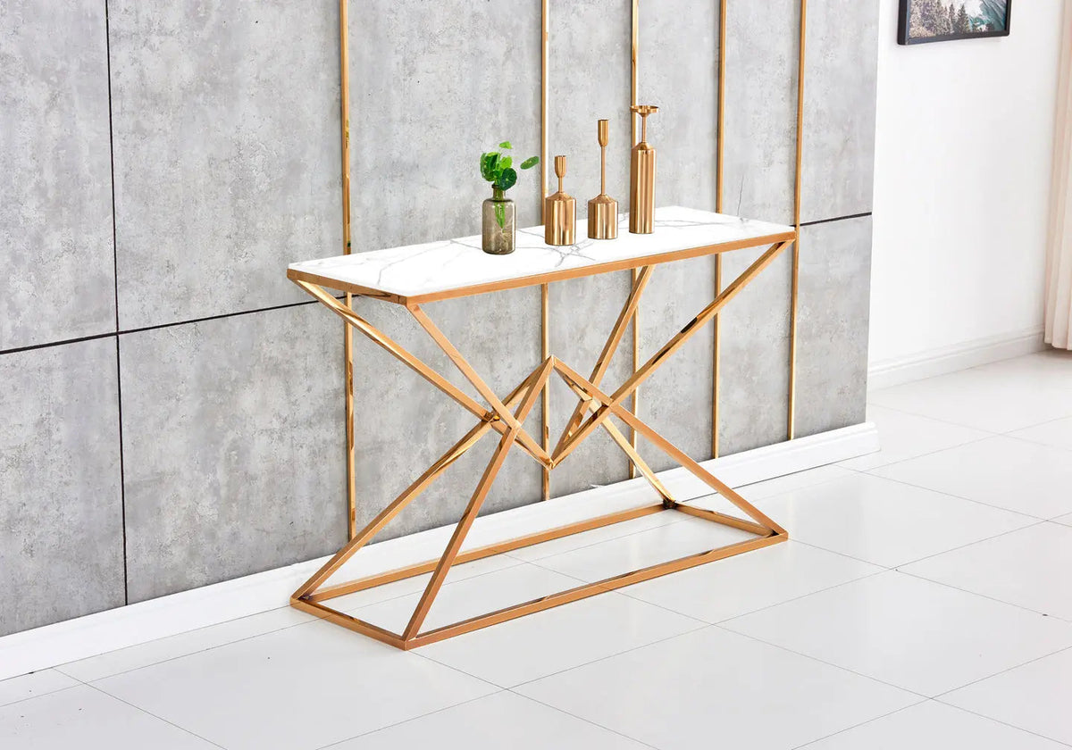Console métal doré et verre effet marbre blanc | Kaelo
