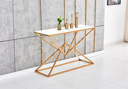 Console métal doré et verre effet marbre blanc | Kaelo