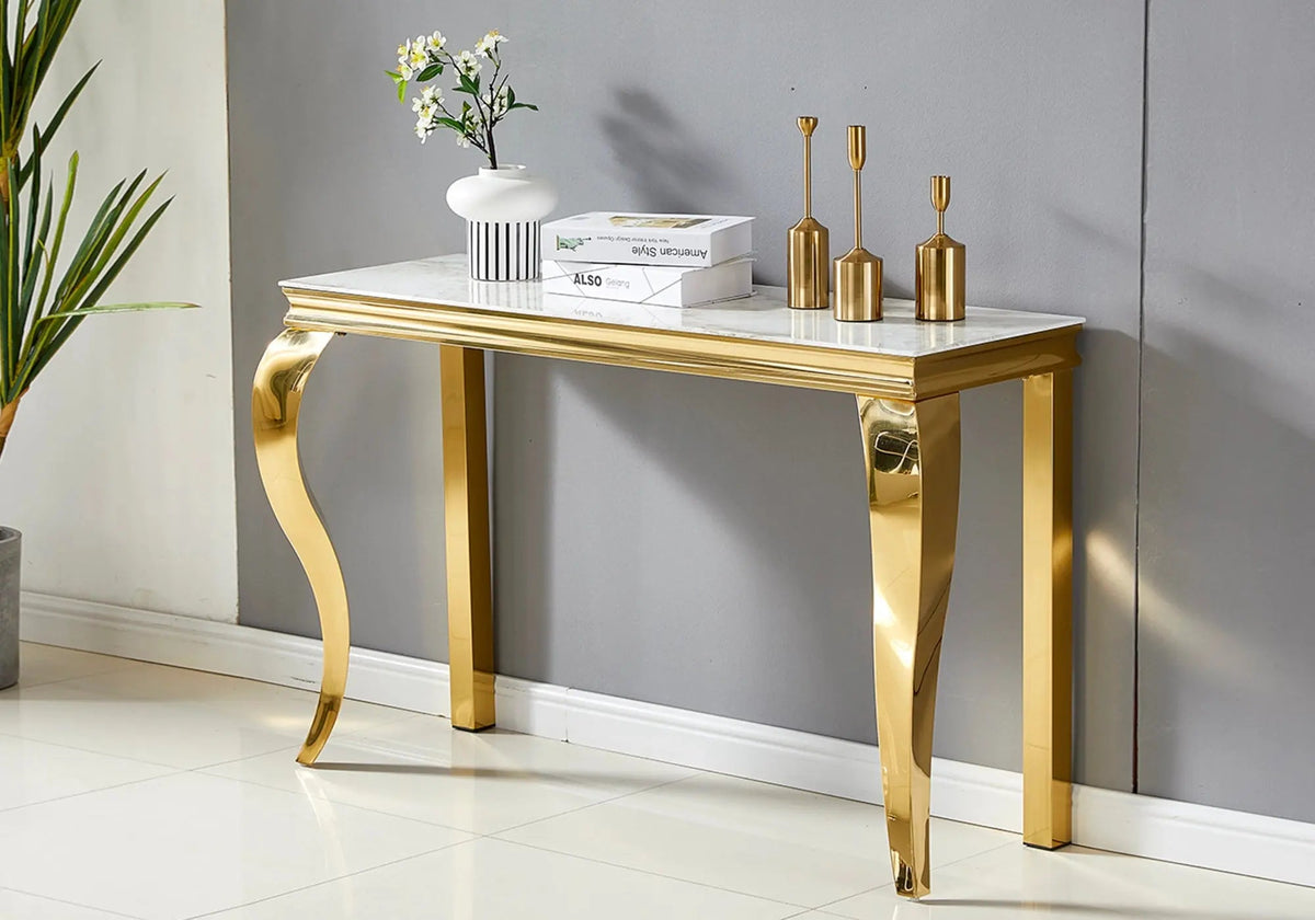 Console dorée avec plateau effet marbre blanc | Solix