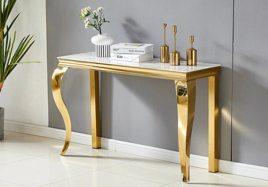 Console dorée avec plateau effet marbre blanc | Solix