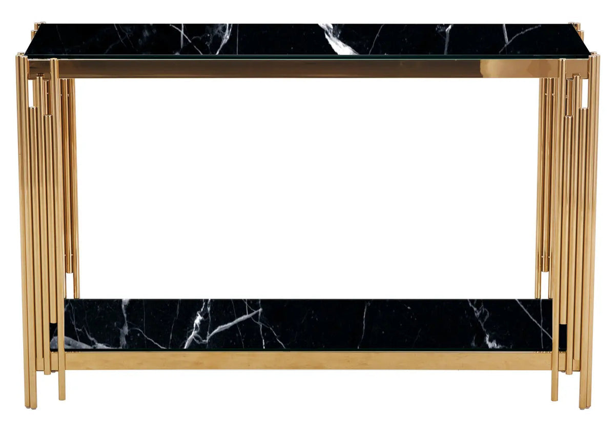 Console dorée verre trempé effet marbre noir | Zalys
