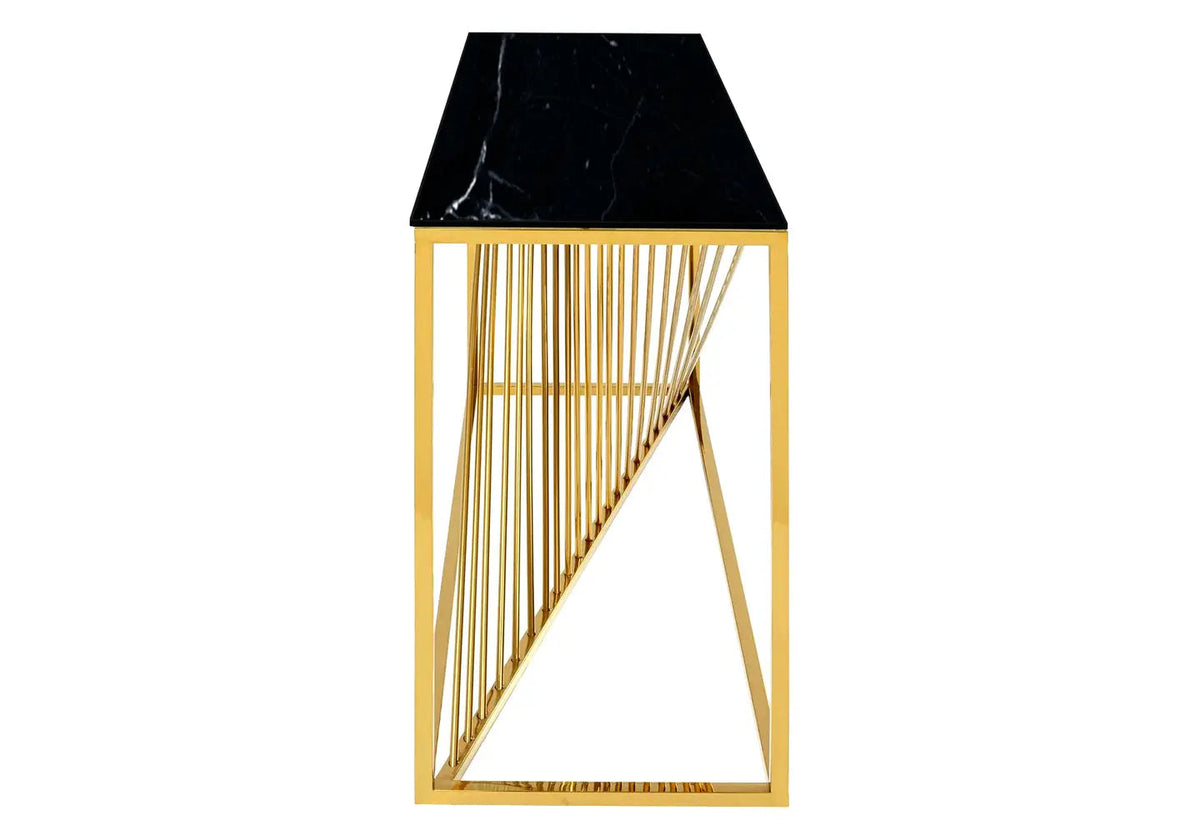 Table console design acier doré et marbre noir | Cael