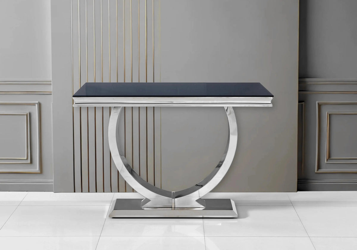 Console d'entrée verre noir et acier argenté | Zyra