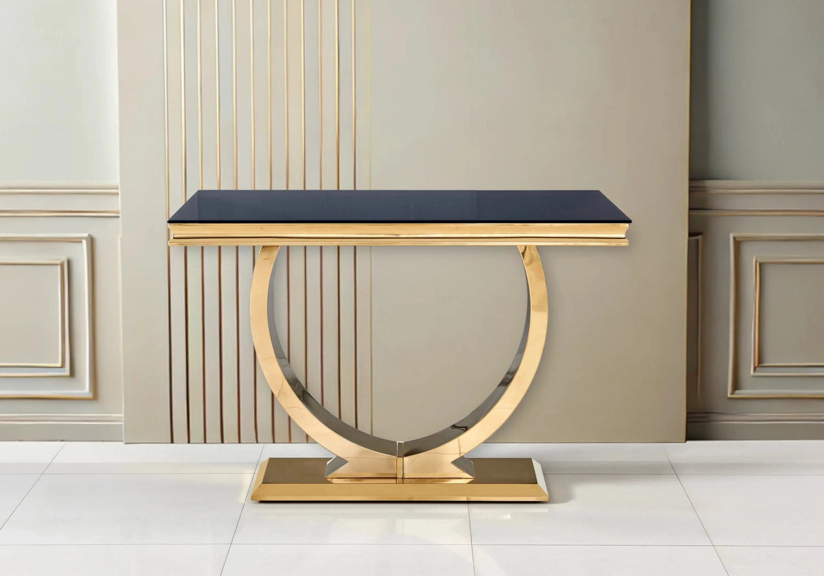 Console d'entrée verre noir et acier doré | Zyra
