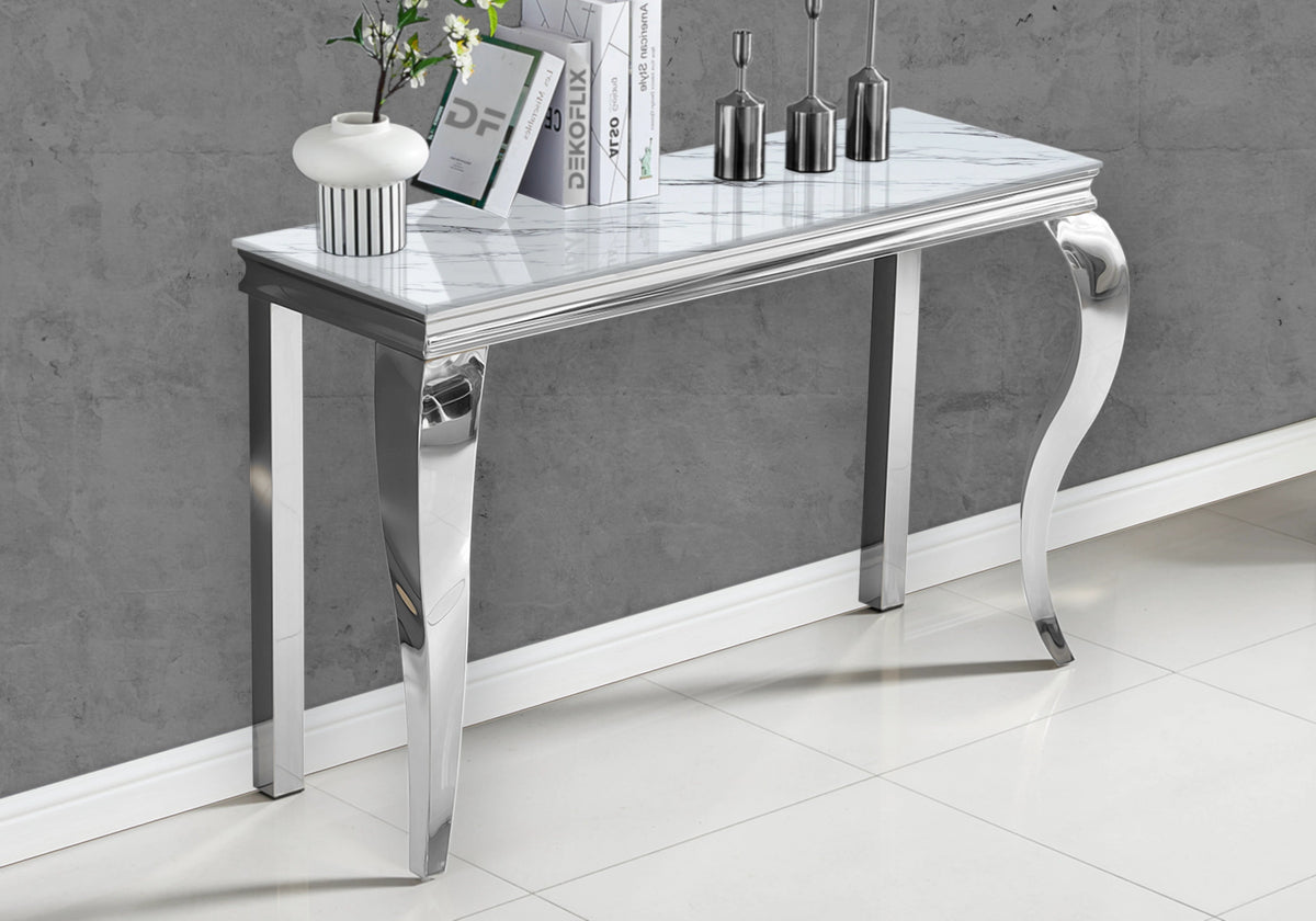 Console d'entrée design marbre blanc et acier | Halo