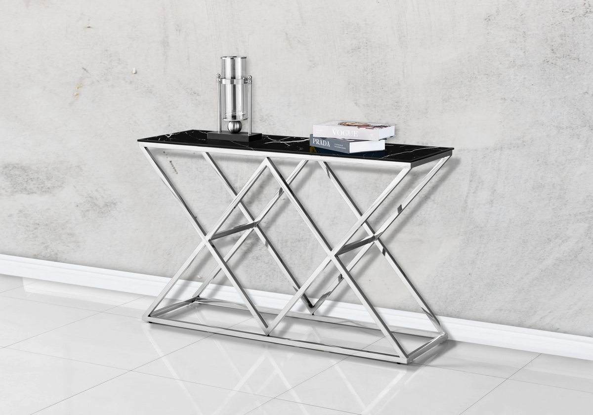 Console d'entrée effet marbre noir et pied argent | Vexta