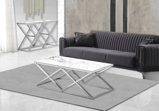 Table basse effet marbre blanc et pied argent | Vexta
