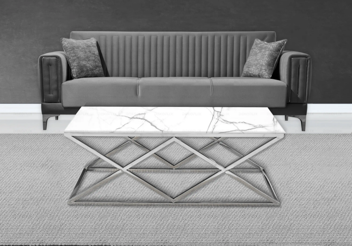 Table basse effet marbre blanc et pied argent | Vexta