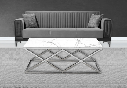Table basse effet marbre blanc et pied argent | Vexta