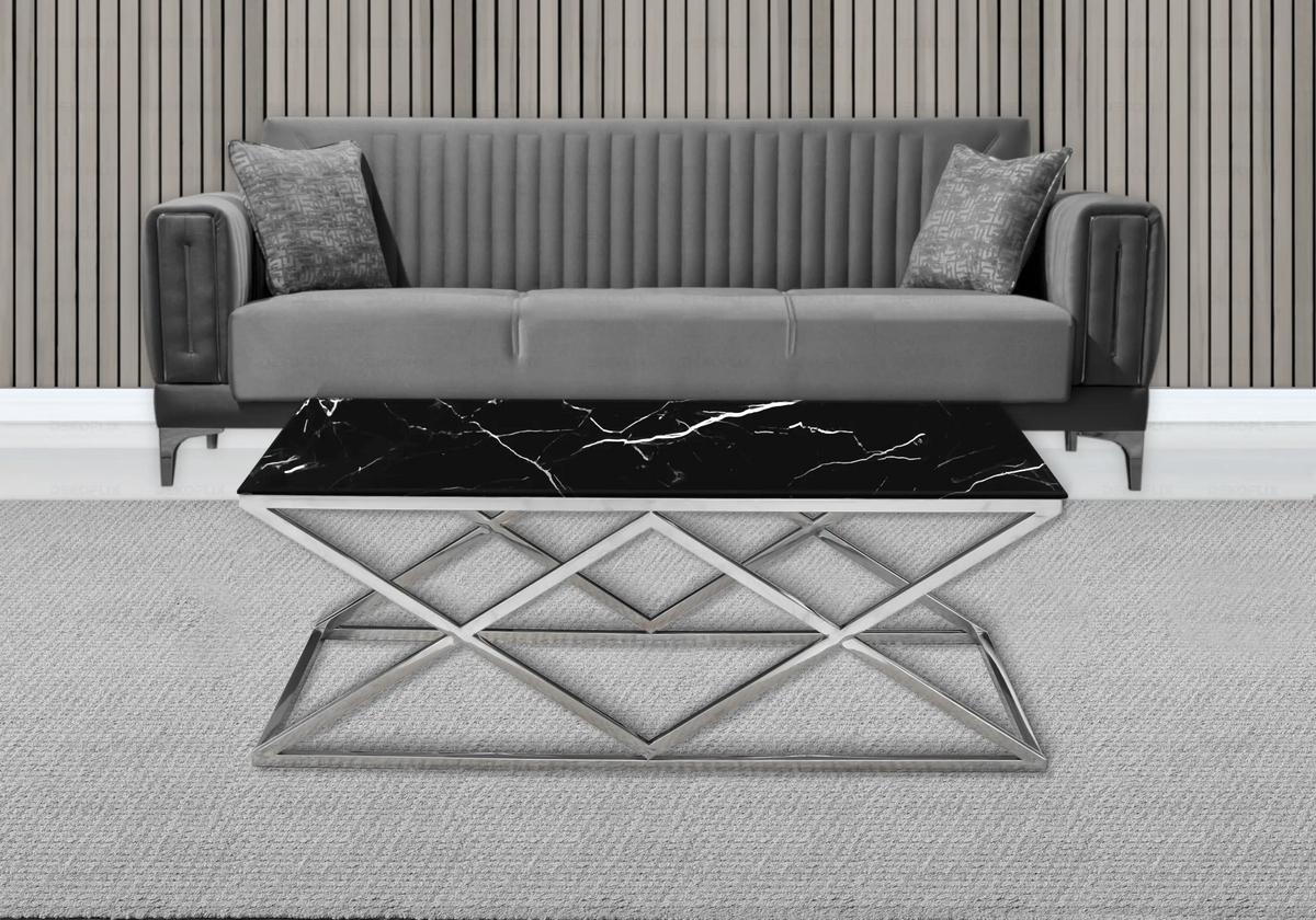 Table basse effet marbre noir et pieds argent | Vexta