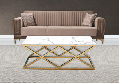 Table basse effet marbre blanc et pied doré | Vexta
