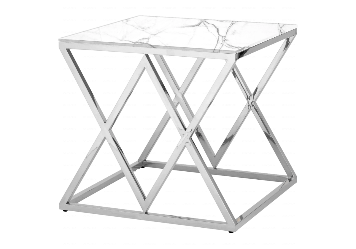 Bout de canapé design marbre blanc et acier argenté | Vexta