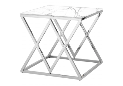 Bout de canapé design marbre blanc et acier argenté | Vexta