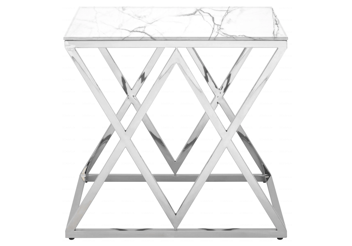 Bout de canapé design marbre blanc et acier argenté | Vexta