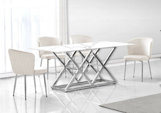 Table à manger effet marbre blanc et pied argent | Vexta