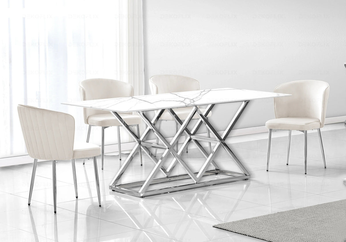 Ensemble table marbre blanc et chaises velours | Vexta