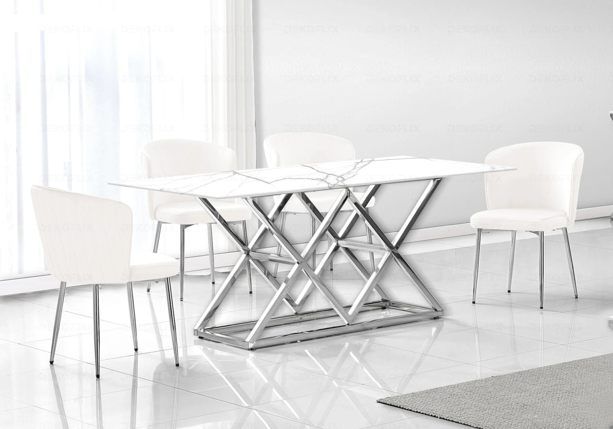Ensemble table marbre blanc et chaises velours | Vexta