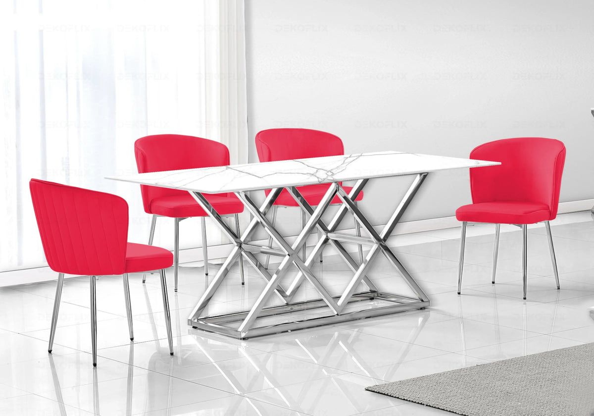 Ensemble table marbre blanc et chaises velours | Vexta