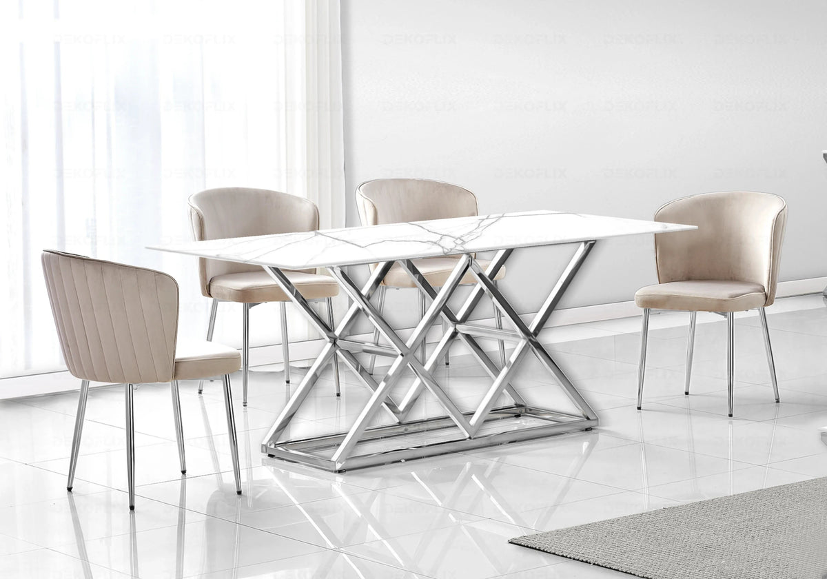 Ensemble table marbre blanc et chaises velours | Vexta