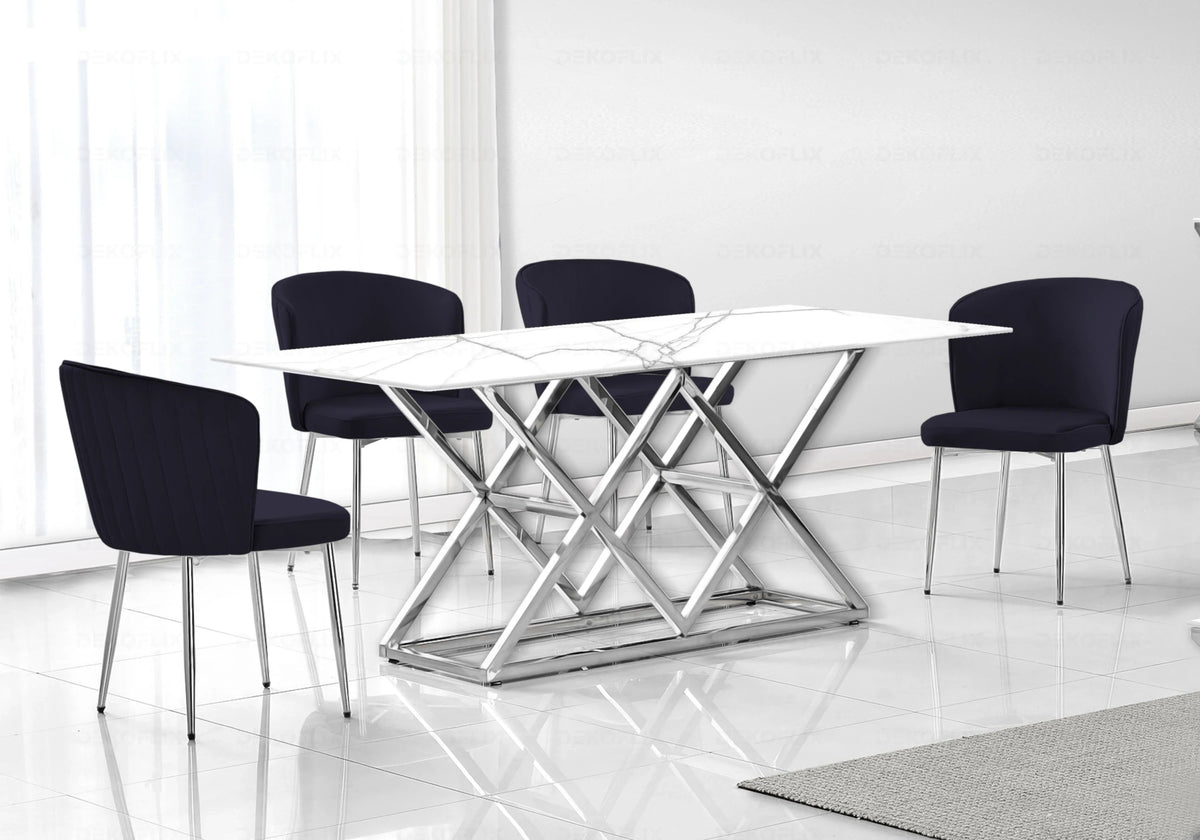 Ensemble table marbre blanc et chaises velours | Vexta