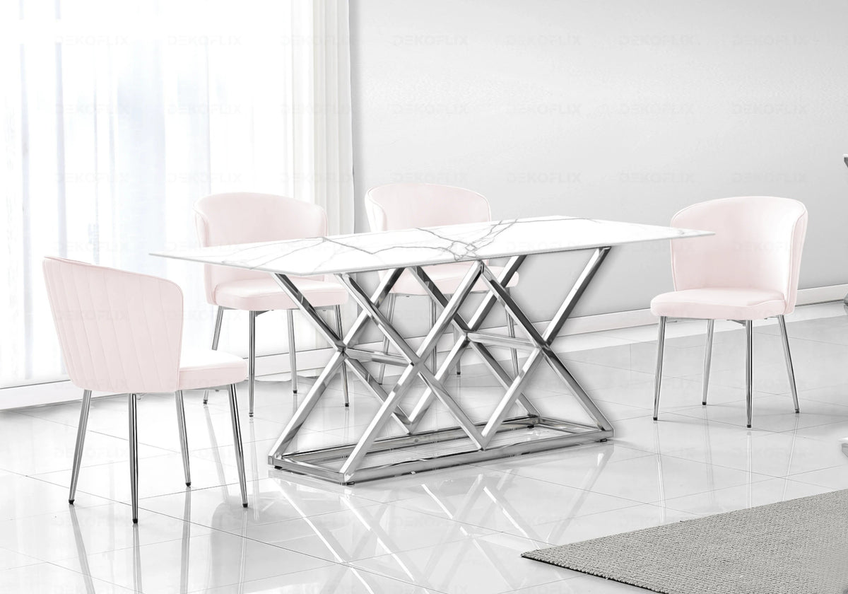 Ensemble table marbre blanc et chaises velours | Vexta