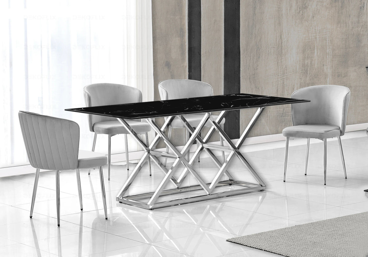 Ensemble table marbre noir et chaises velours | Vexta