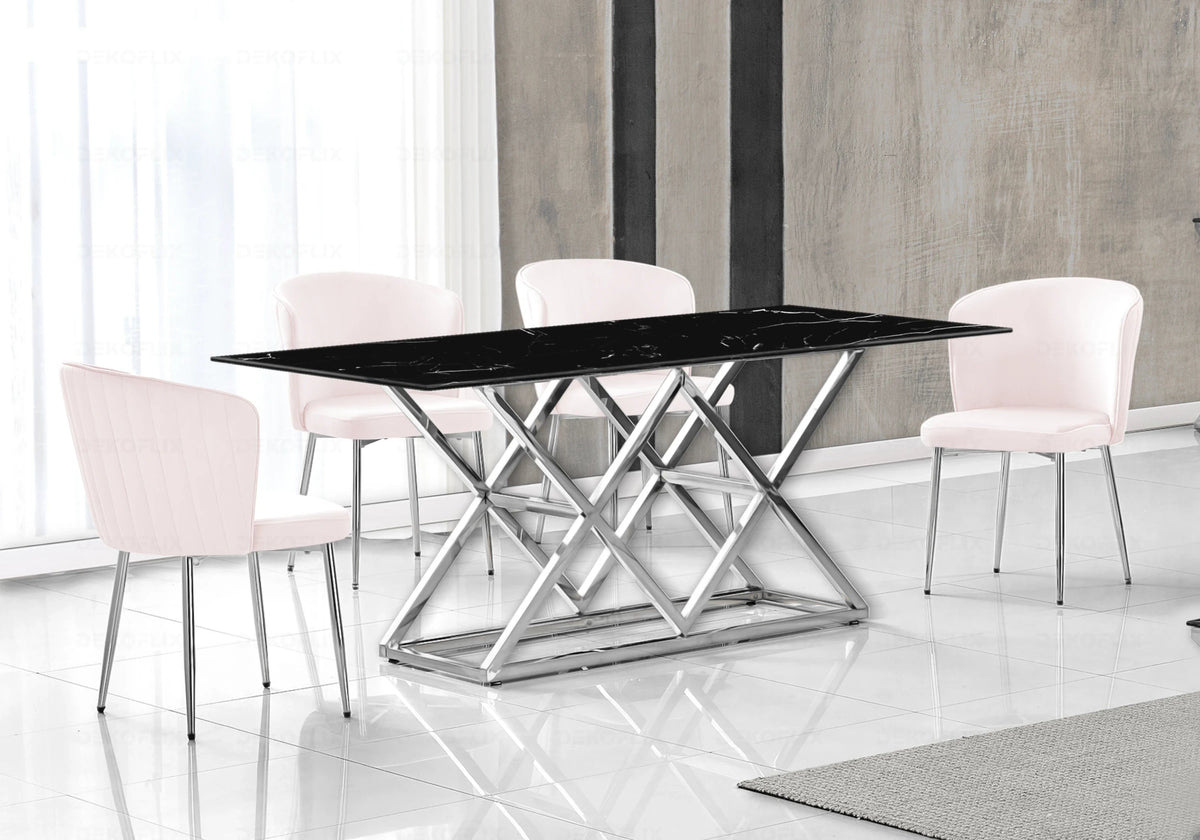 Ensemble table marbre noir et chaises velours | Vexta
