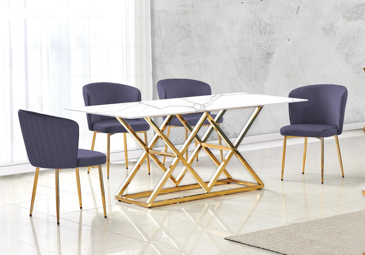 Ensemble table marbre blanc et chaises velours | Vexta
