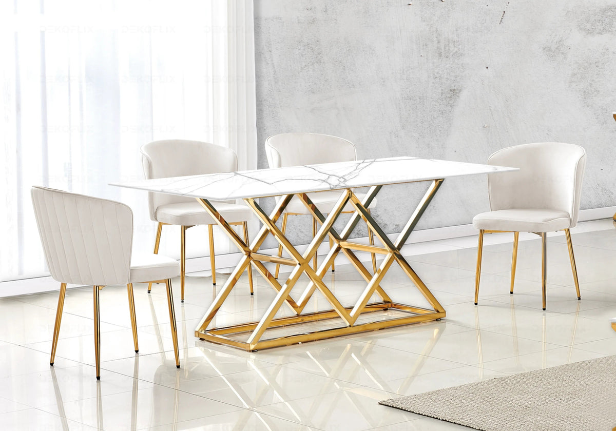 Ensemble table marbre blanc et chaises velours | Vexta