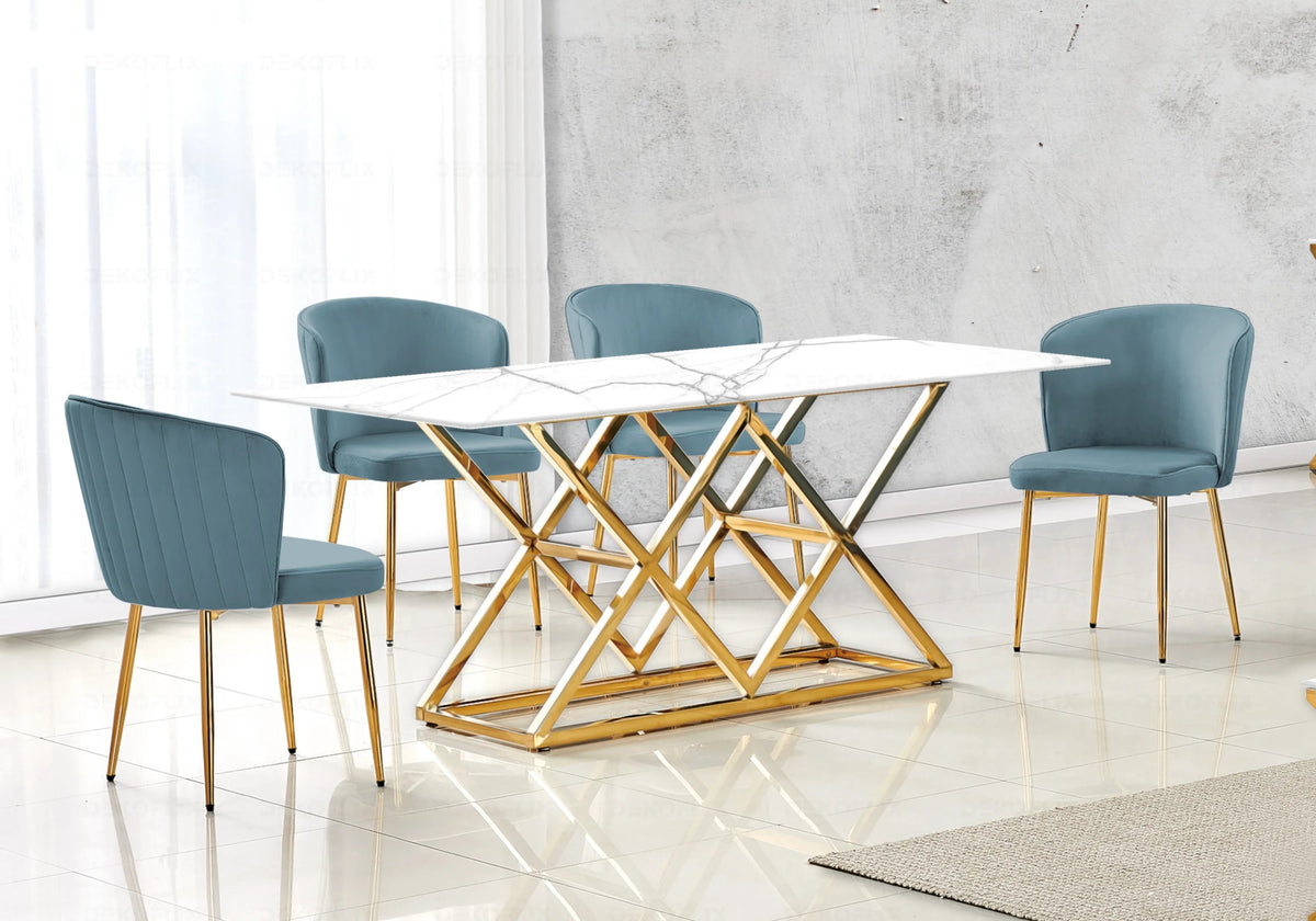 Ensemble table marbre blanc et chaises velours | Vexta