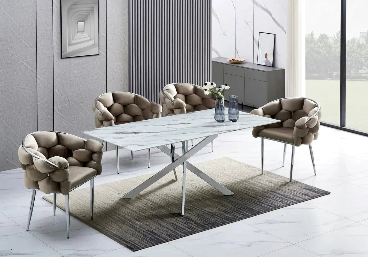 Ensemble table à manger marbre blanc et 4 chaises | Koda
