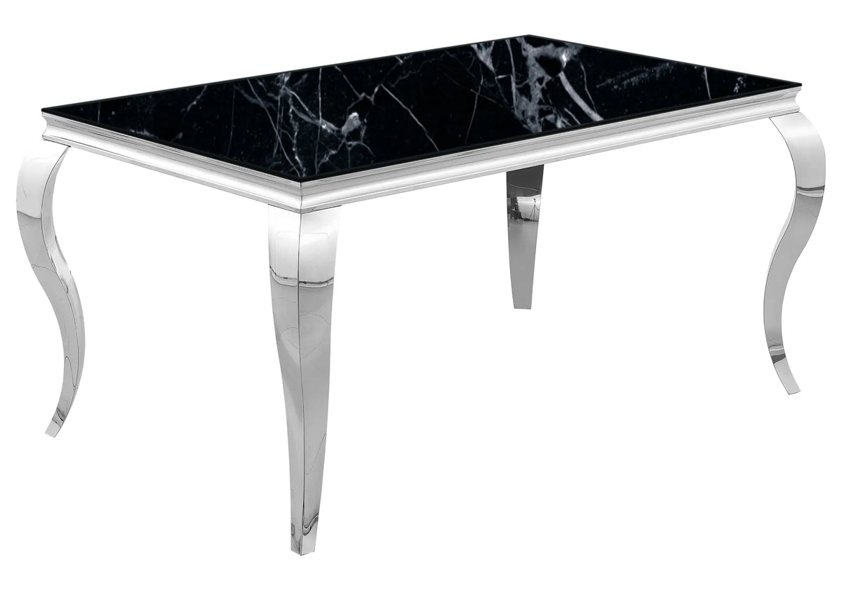 Table marbre noir et chaises capitonnées argent | Halo