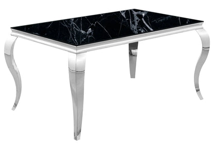 Table marbre noir et chaises capitonnées argent | Halo