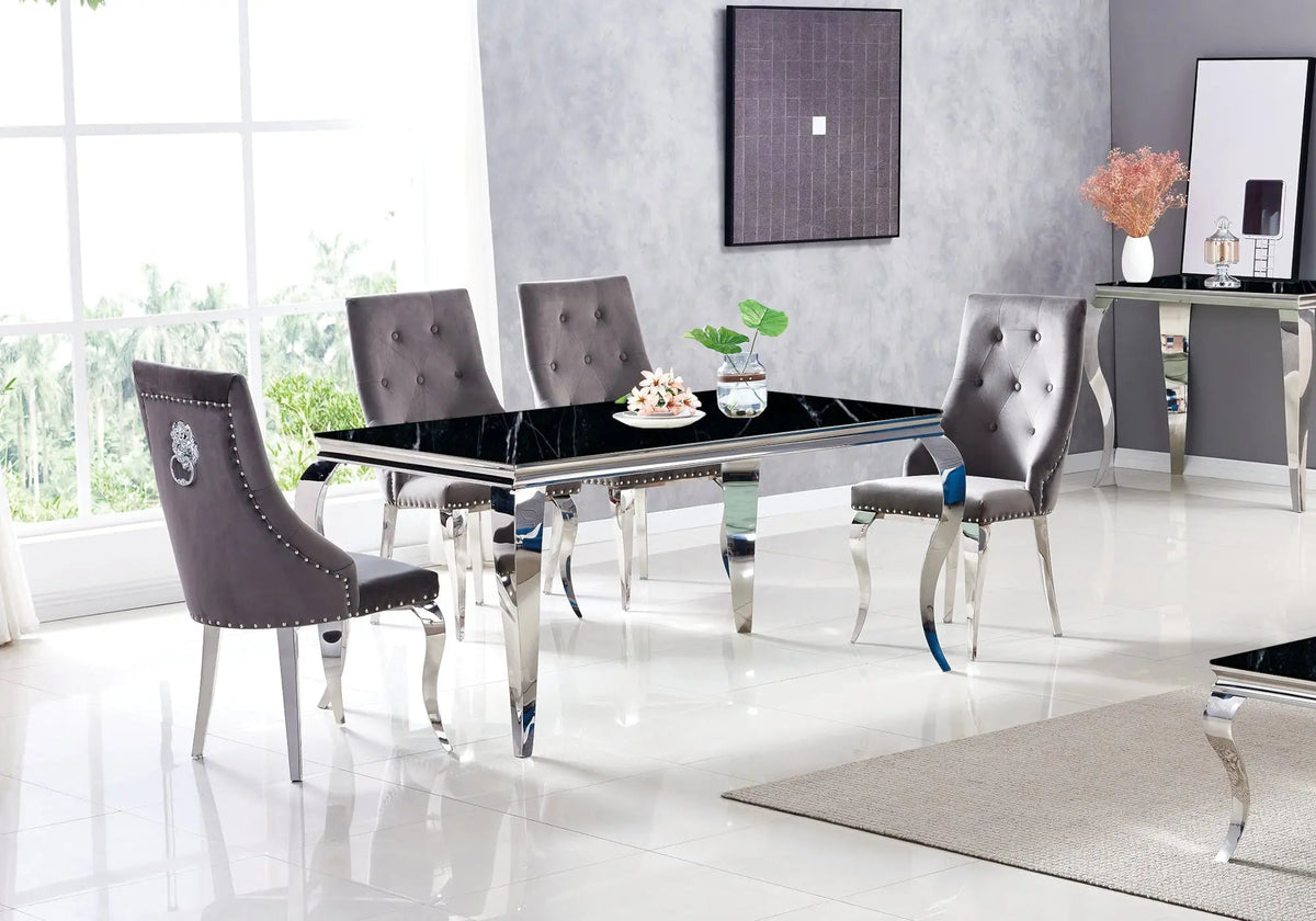 Table marbre noir et chaises capitonnées argent | Halo