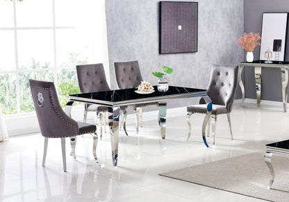 Table marbre noir et chaises capitonnées argent | Halo