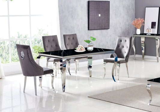 Table marbre noir et chaises capitonnées argent | Halo
