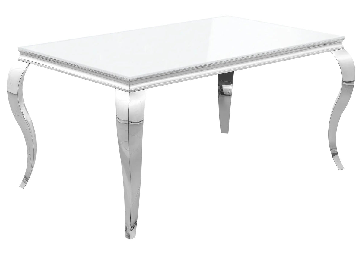 Table verre blanc et chaises capitonnées argent | Halo
