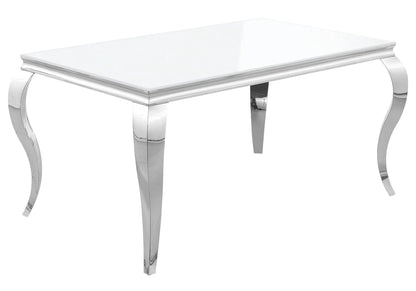 Table verre blanc et chaises capitonnées argent | Halo