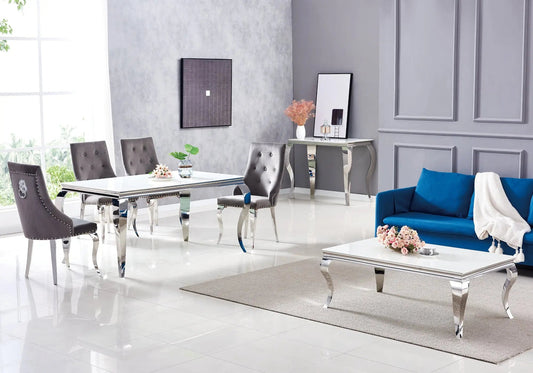 Table verre blanc et chaises capitonnées argent | Halo