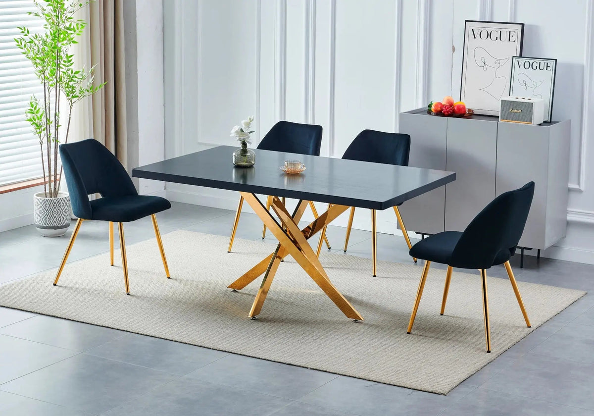 Ensemble table à manger bois noir et chaises dorées | Koda