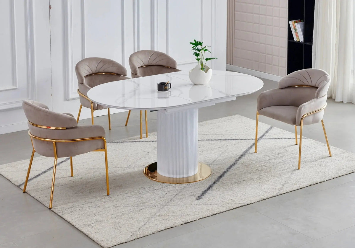 Ensemble table marbre blanc et 4 chaises taupe | Xavi