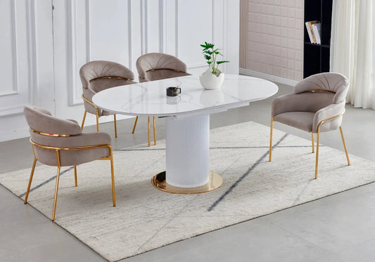 Ensemble table marbre blanc et 4 chaises taupe | Xavi