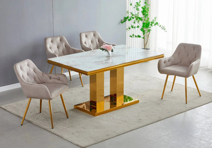 Ensemble table marbre beige et 4 chaises dorées | Dyax