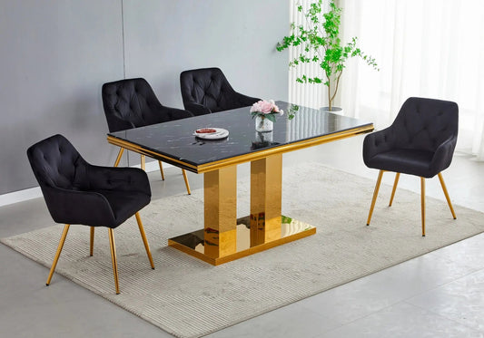 Ensemble table marbre noir et 4 chaises velours | Dyax