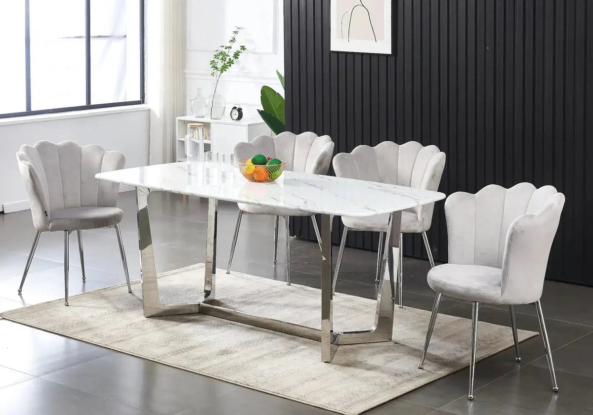 Table à manger marbre blanc et métal chromé | Vetra