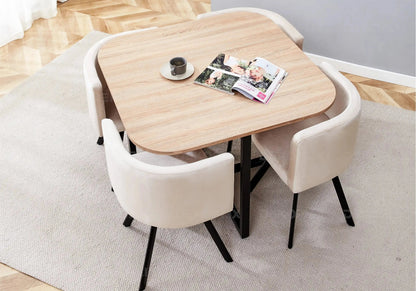 Ensemble table chêne et 4 chaises beige | Kaelo